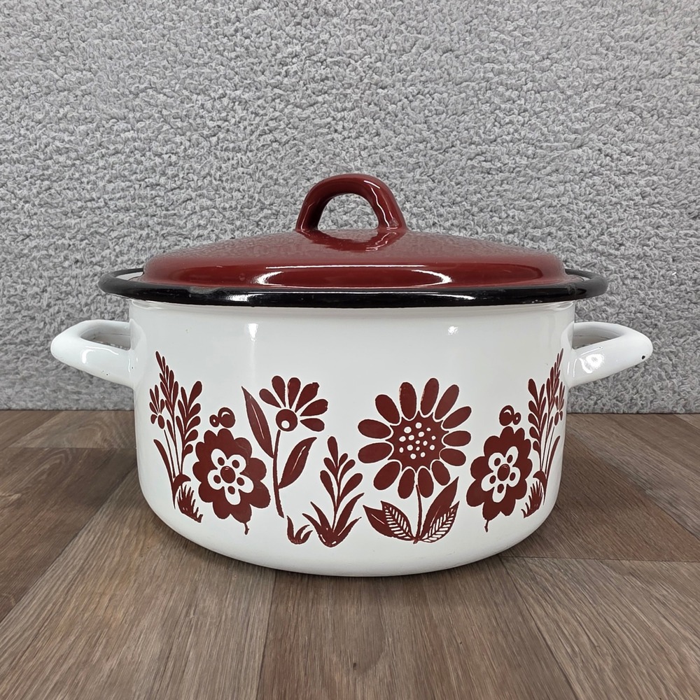 Vintage Floral Enamelware Stock Pot White Brown 24cm Retro Dutch Oven with Lid